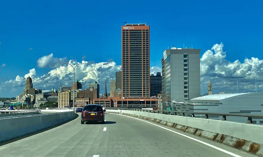 Buffalo New York downtown skyline seen from the Skyway on a clear day