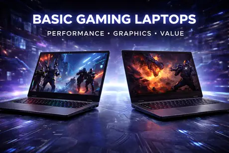Entry level gaming laptop with a colorful backlit keyboard on a dark desk