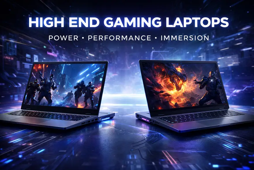 Flagship gaming laptop with glowing RGB keyboard running a detailed game scene at night