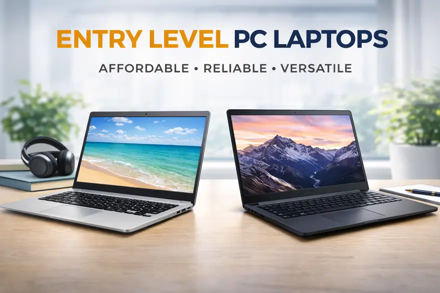 Affordable silver laptop open on a kitchen table showing a fresh desktop screen