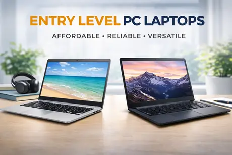 Simple budget laptop on a plain desk with notebook