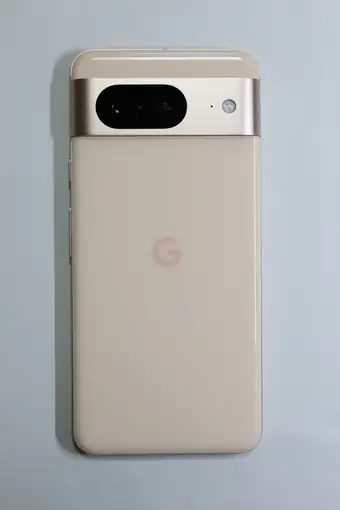 Rose Google Pixel 8 phone showing its camera bar