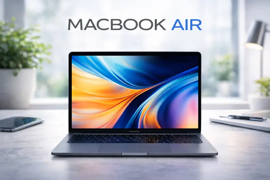 Thin MacBook Air laptop open on a bright desk beside a window with morning light
