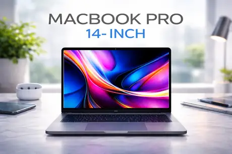 MacBook Pro 14 sitting closed on a leather bag