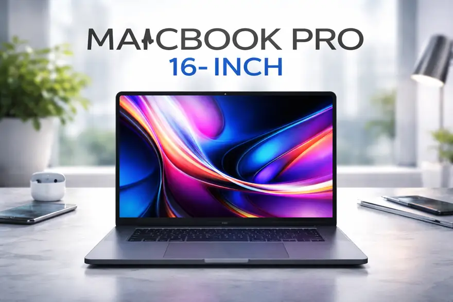 Space black MacBook Pro 16 displaying a color graded video timeline in a dark studio