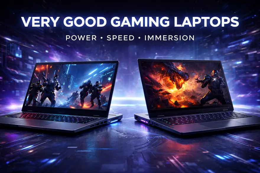 Midrange gaming laptop on a desk rendering a bright action game scene